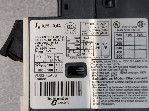 Disjoncteur moteur 0.25/0.4A GV2ME03 – Image 2