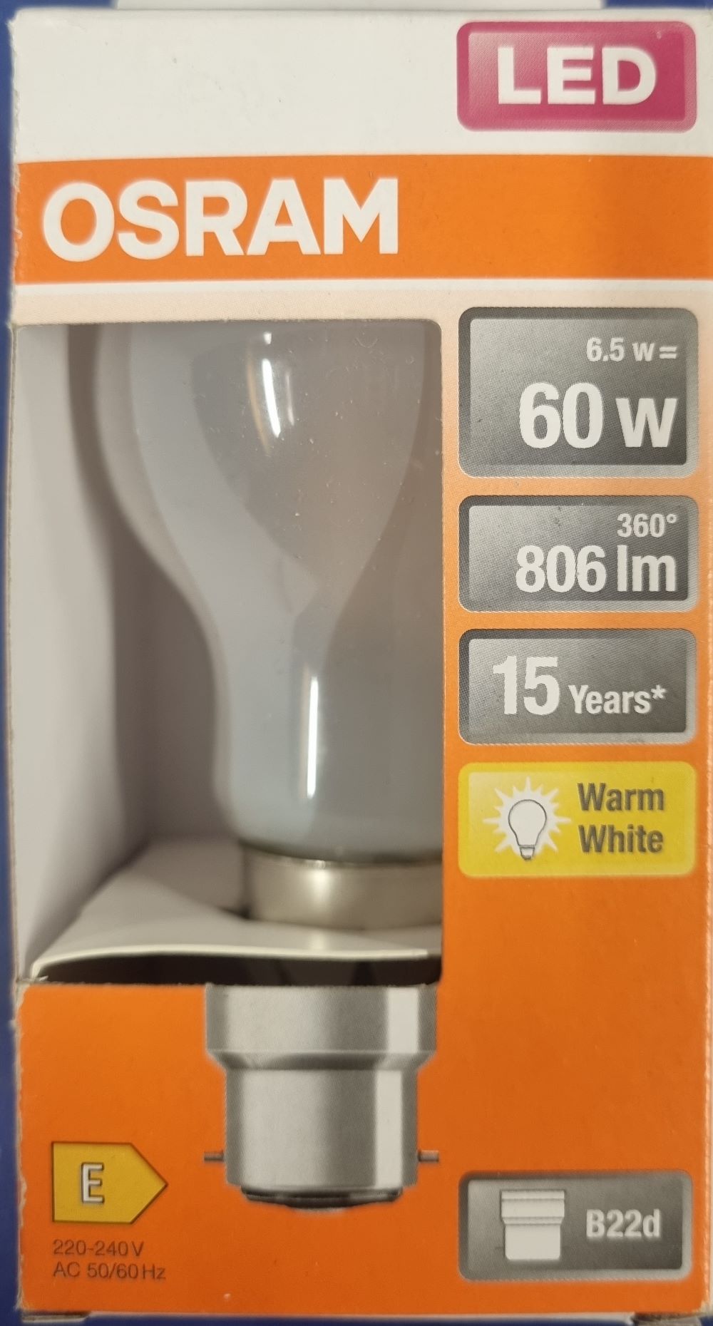 20251213_165712 Ampoule Led B22D - 60W/6.5W - 806lm - Warm white - classe E – Image 1