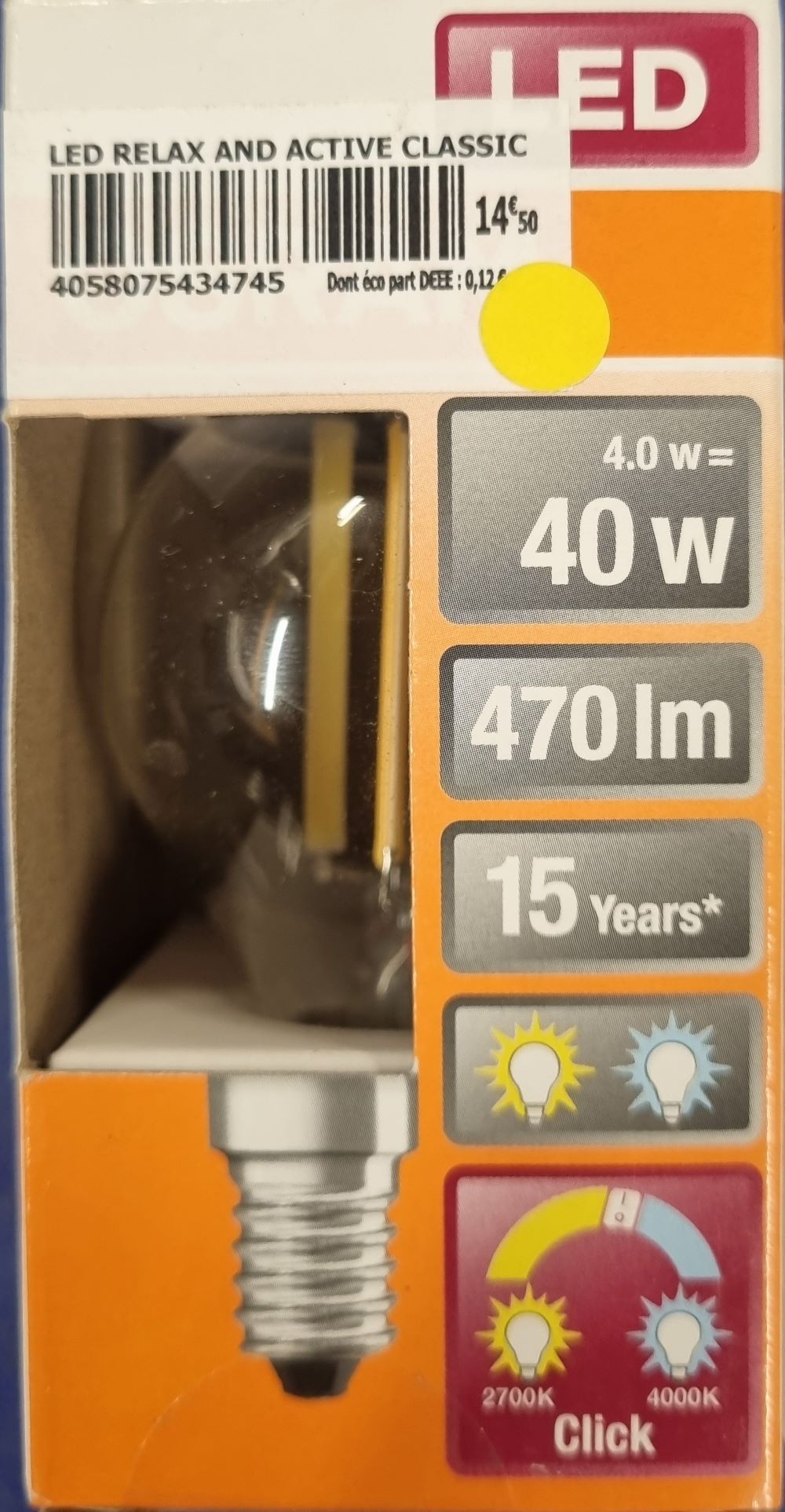20251220_151458 Ampoule Led E14- 40W/4W - 470lm - Warm white click - classe E – Image 1