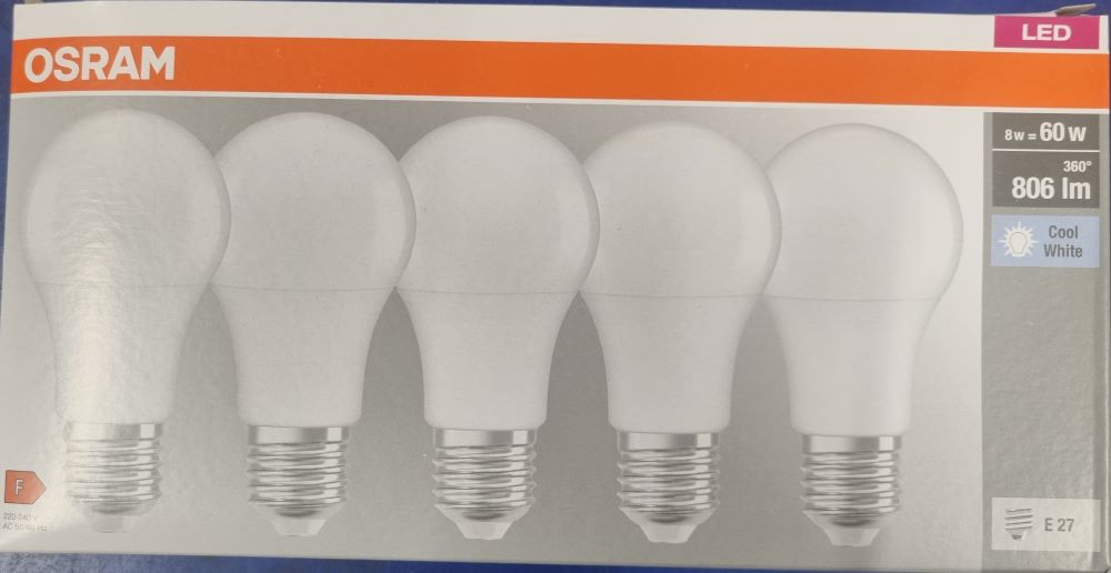 20251221_103001 Ampoule Led E27- 60W/8W - 806lm - Cool white - classe F - Boite de 5 – Image 1
